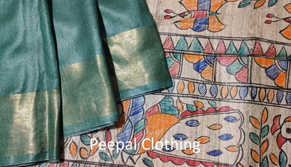 Green Madhubani Hand Painted Peacock Pallu Silk Saree
