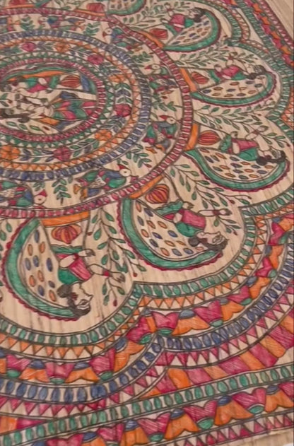 Natural Madhubani Hand Painted Radha-Krishna Pallu Tussar Ghicha Silk Saree