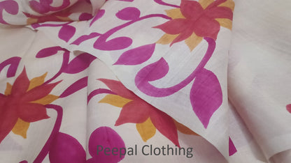 Hand Painted Floral Off-white Kalamkari Tussar Silk Saree