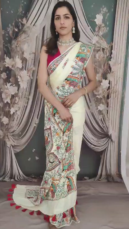 Off-white Madhubani Hand Painted Natural Crepe Saree