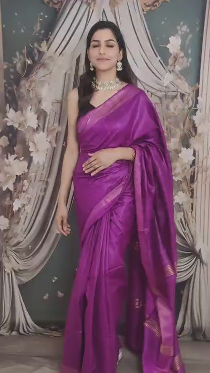 Purple Zari Border Handloon Tussar Ghicha Silk Saree
