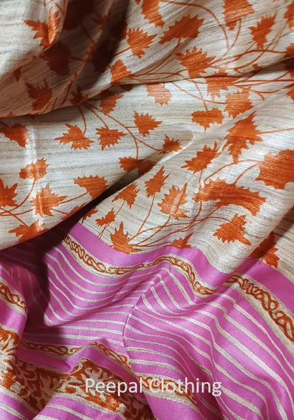 Multi color Leaf Printed Tussar Ghicha Silk Saree