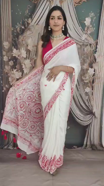 White Madhubani Hand Painted Natural Crepe Saree