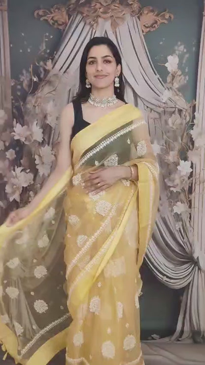 Thread Embroidered Yellow Organza Saree