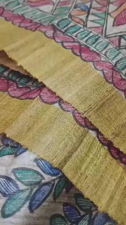 Mustard Madhubani Hand Painted Silk Saree