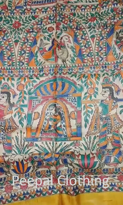 Mustard Half & Half Madhubani Hand Painted Pure Tussar Ghicha Silk Saree