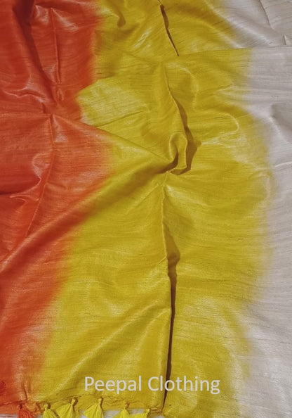 Mustard Vermilion Triple Dye Pure Tussar Ghicha Silk Saree