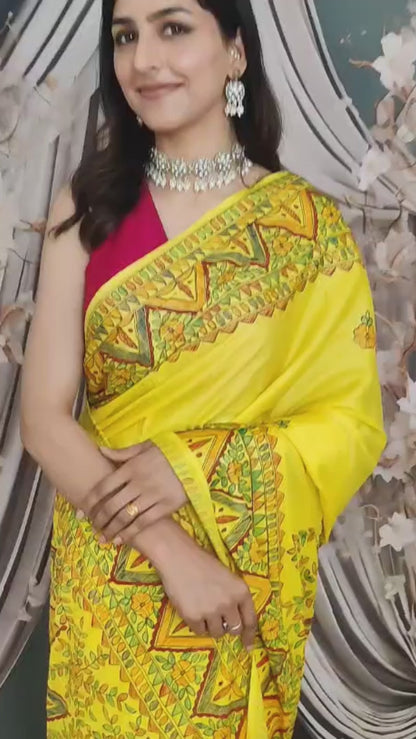 Yellow Madhubani Hand Painted Natural Crepe Saree