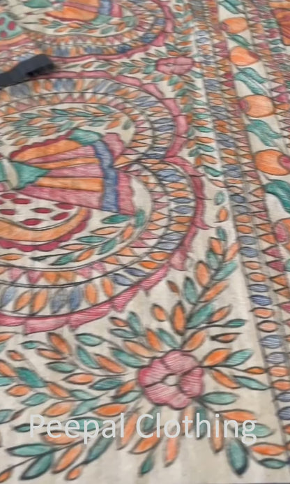 Black Madhubani Hand Painted Tussar Ghicha Silk Saree