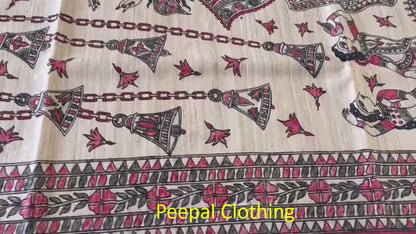 Natural Madhubani Hand Painted Maa Durga Pallu Tussar Ghicha Silk Saree