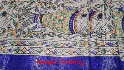 Royal Blue Tussar Ghicha Madhubani Printed Silk Saree