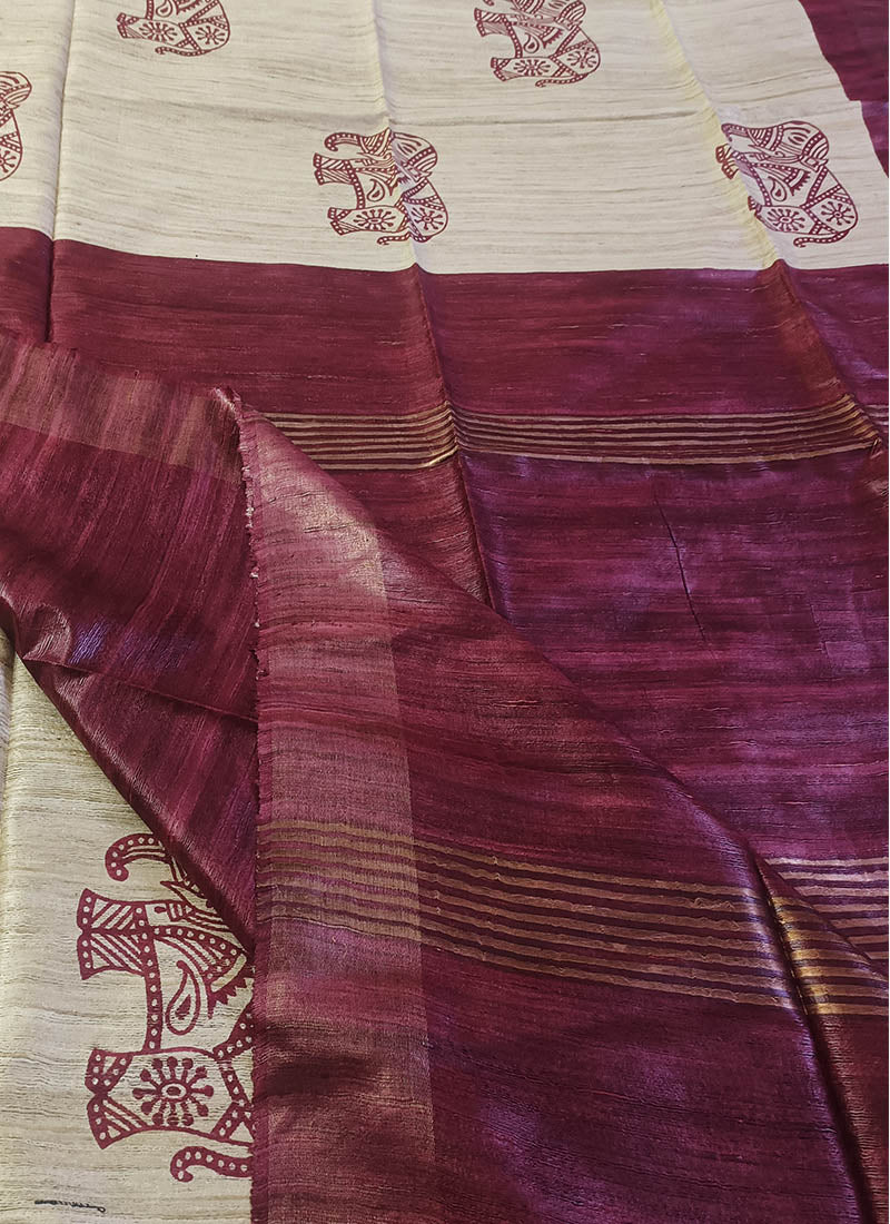 Off-white Printed Tussar Ghicha Silk Saree with Zari Border