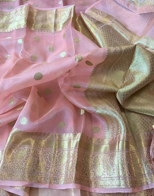 Baby Pink Kora Silk Organza Saree | Peepal Clothing
