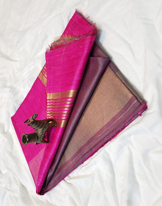 Magenta-Pink Korean tussar ghicha pallu saree with staple body and Zari border| Peepal Clothing