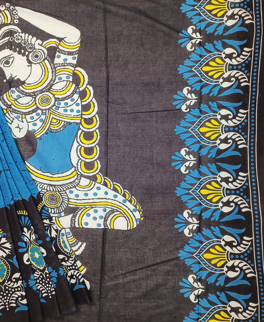 Bagru Printed Blue Cotton Mulmul Saree | Peepal Clothing