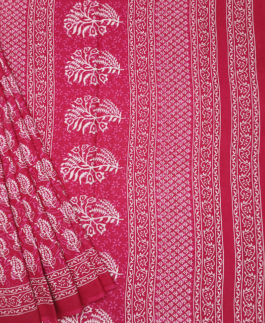 Bagru Printed Bright Pink Cotton Mulmul Saree | Peepal Clothing