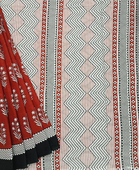 Bagru Printed Maroon Cotton Mulmul Saree | Peepal Clothing