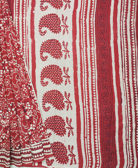 Bagru Printed Red Cotton Mulmul Saree | Peepal Clothing
