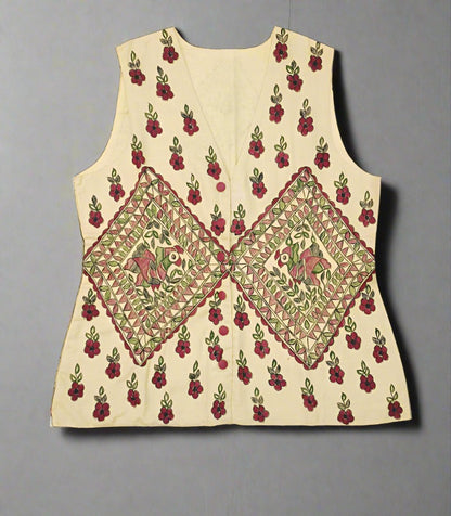 Beige Madhubani Hand Painted Cotton Women's Waistcoat | Peepal Clothing