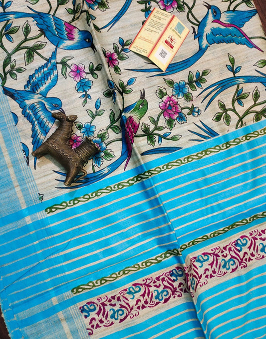 Birds Printed Tussar Ghicha Silk Saree| Peepal Clothing