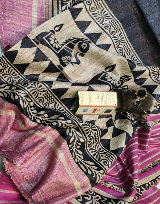 Black Horse Printed Tussar Ghicha Silk Saree| Peepal Clothing