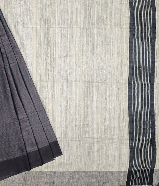 Black Korean Tussar Ghicha Silk Saree | Peepal Clothing