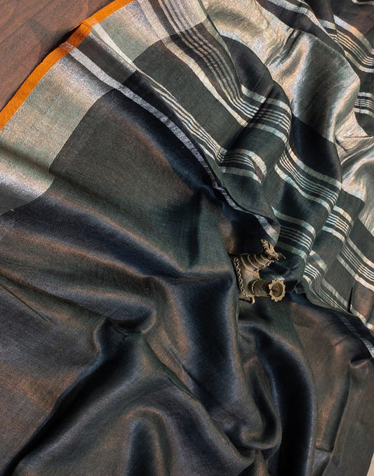 Black Plain Linen Saree| Peepal Clothing