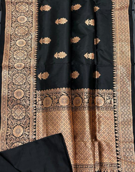 Black Pure Katan Silk Saree Featuring Weaved Buta | Peepal Clothing