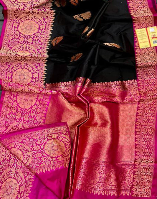Black Pure Katan Silk Saree Featuring Weaved Buta and Magenta Border | Peepal Clothing