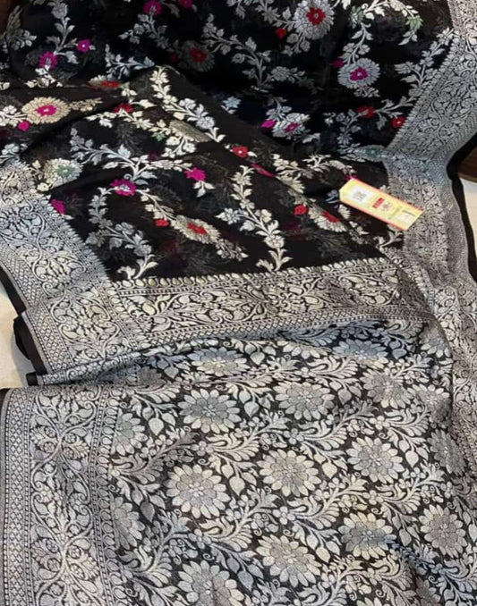Black Pure Khaddi Georgette Zari Weaved Meenakari Saree | Peepal Clothing