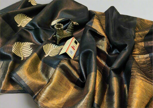 Buy Black Tussar Munga Embroidered Silk Saris | PeepalClothing