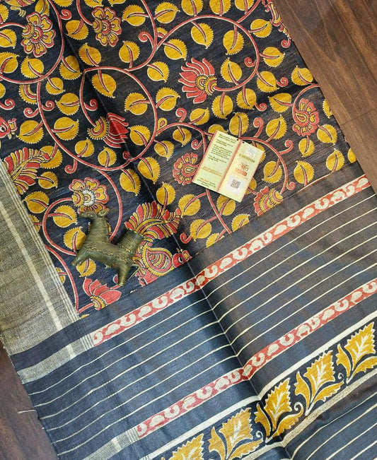 Black and Mustard Floral Printed Tussar Ghicha Silk Saree| Peepal Clothing