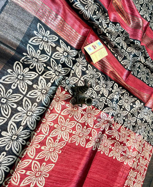 Black and Red Floral Printed Tussar Ghicha Silk Saree with Zari Border | Peepal Clothing