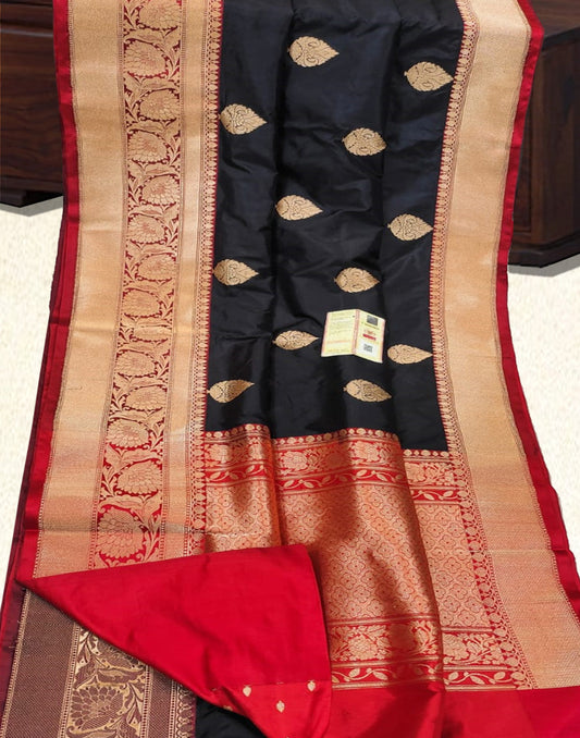 Black and Red Pure Katan Silk Saree | Peepal Clothing