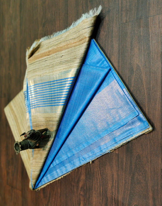 Blue-Natural Korean Tussar Ghicha Silk Saree| Peepal Clothing