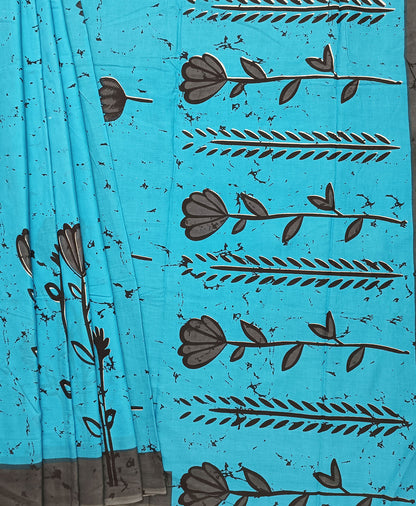 Blue Bagru Printed Cotton Mulmul Saree | Peepal Clothing