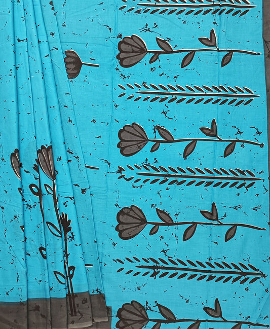 Blue Bagru Printed Cotton Mulmul Saree | Peepal Clothing