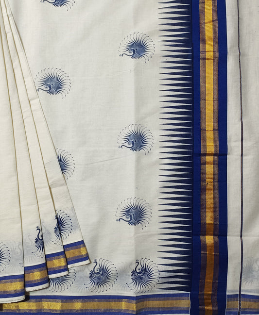 Blue Border Mural Printed Kerala Cotton Saree | Peepal Clothing