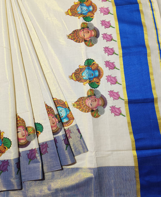 Blue Border Mural Printed Tissue Saree | Peepal Clothing