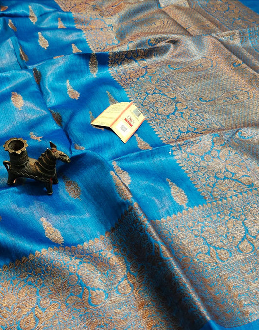 Blue Buta Motif Tussar Munga Silk Saree with Zari Border | Peepal Clothing