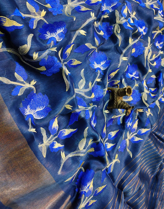 Blue Embroidered Silk Linen Saree|Peepal Clothing