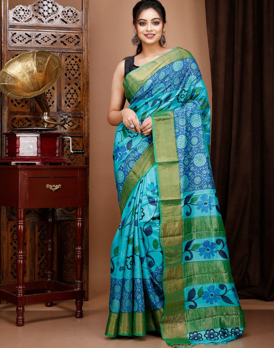 Blue Floral Motif Kalamkari Silk Saree| Peepal Clothing