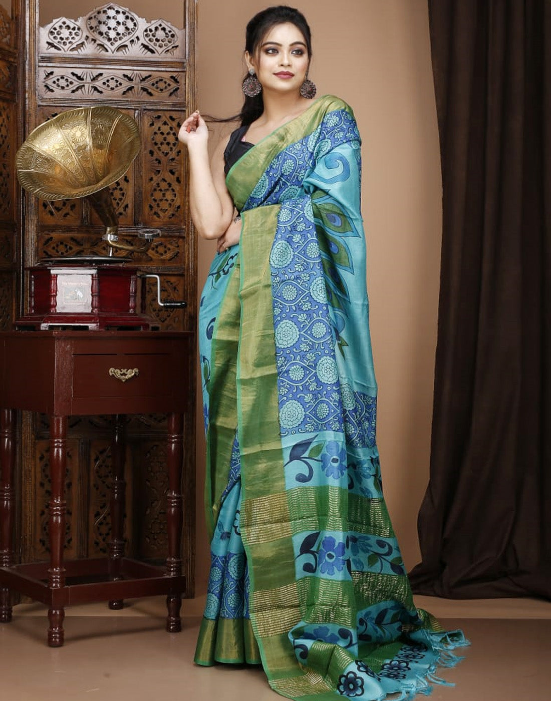 Georgette Kalamkari Saree - Blue – Jullaaha Store