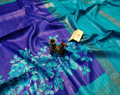 Blue Floral Printed Tussar Ghicha Silk Saree with Zari Border| Peepal Clothing