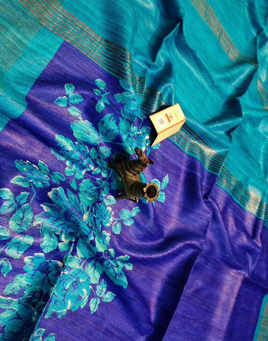 Blue Floral Printed Tussar Ghicha Silk Saree with Zari Border| Peepal Clothing