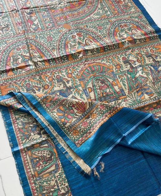Blue Half & Half Madhubani Hand Painted Pure Tussar Ghicha Silk Saree | Peepal Clothing
