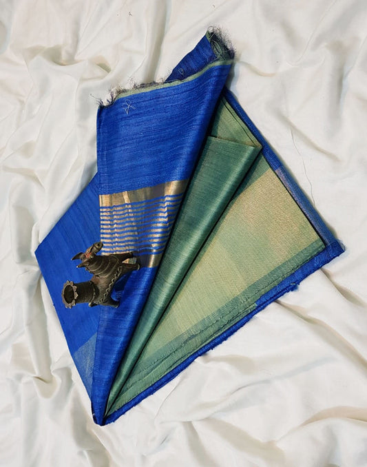 Blue Korean tussar ghicha pallu saree with staple body and Zari border| Peepal Clothing