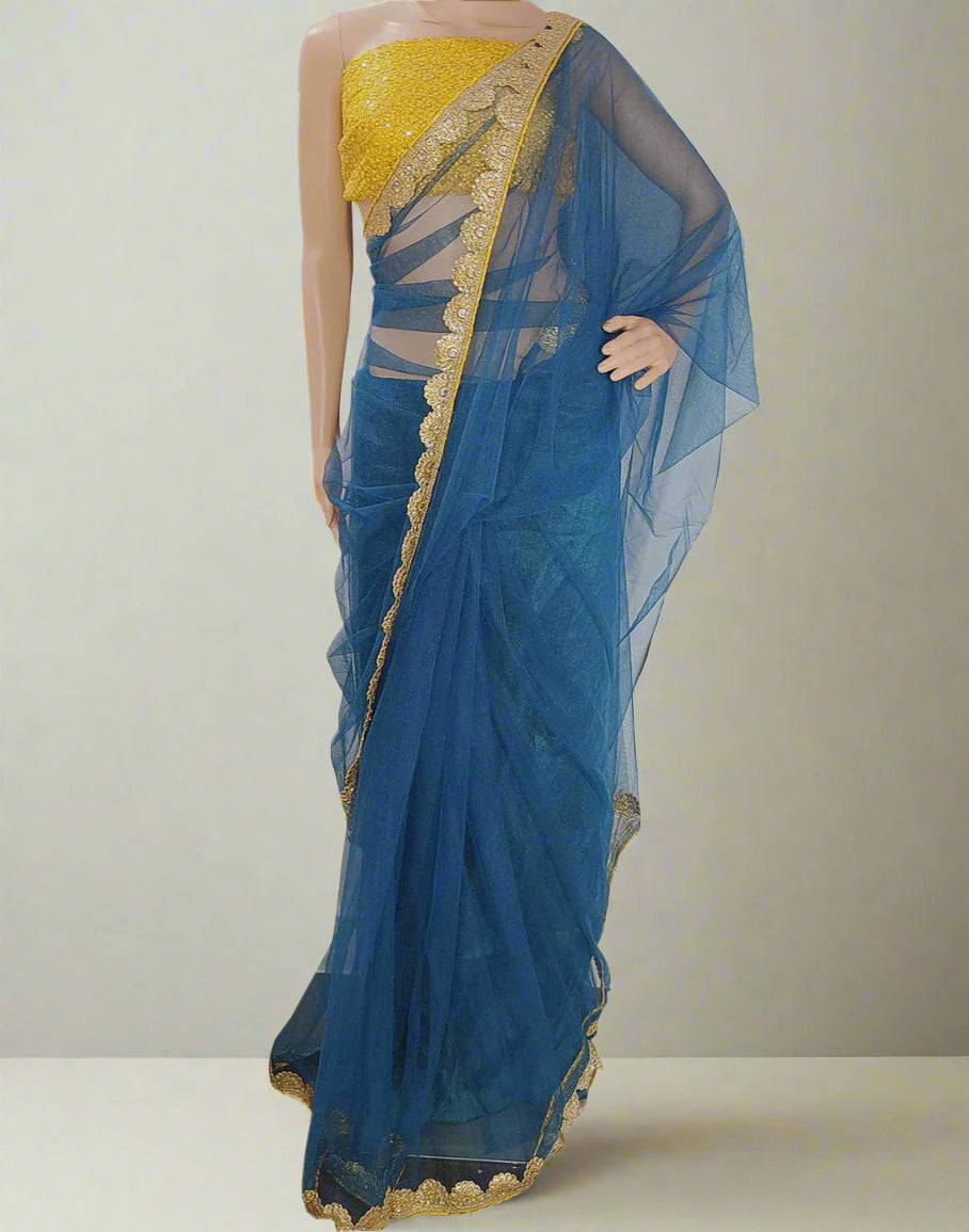 Blue Lace Border Net Saree | Peepal Clothing
