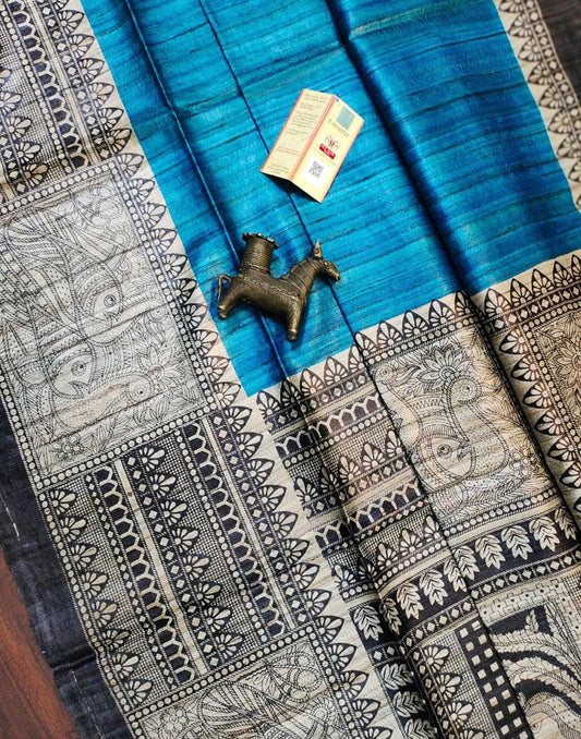 Blue Madhubani Printed Silk Saree| Peepal Clothing