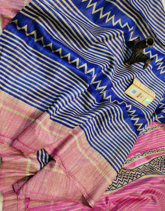 Blue Printed Tussar Ghicha Silk Saree| Peepal Clothing